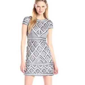 Adrianna Papell Silver Sheath Mini Dress Cap Sleeve